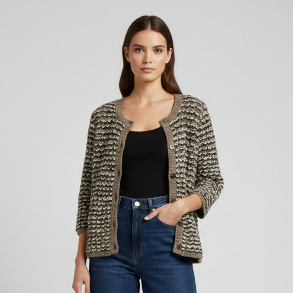 Textured Crochet Knit Button-Front Sweater Cardigan - Brown/Cream - Picture 3 of 10
